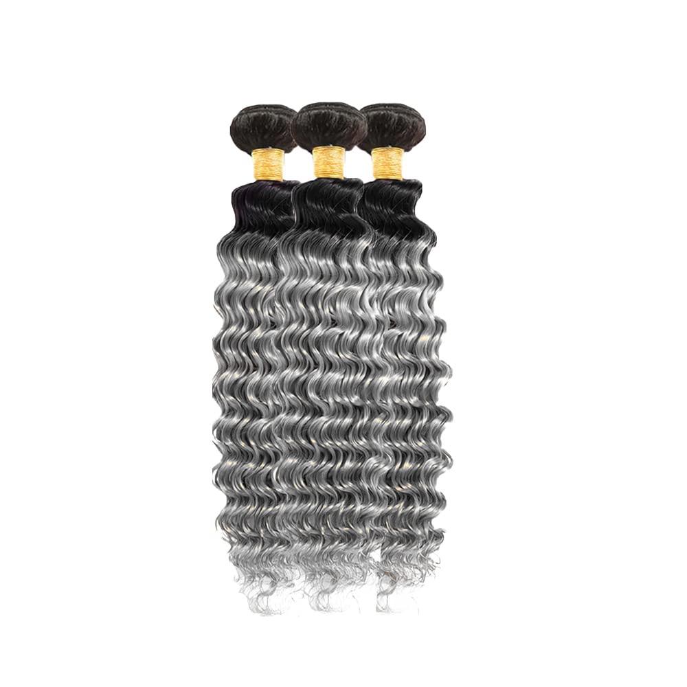 Freiuoke Grey Bundles Human Hair Silver Grey Deep Wave Human Hair Bundles 20 22 24 Inch Brazilian Unprocessed Virgin Hair 3 Bundles Two Tone Black and Grey Bundles Grey Deep Wave Bundles