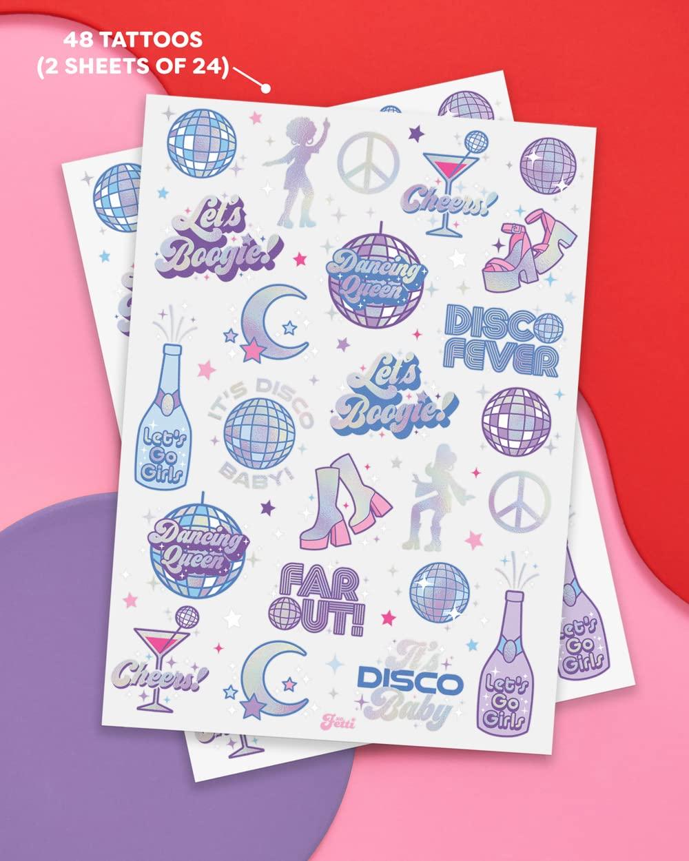 xo, Fetti xo, Fetti Disco Birthday Party Temporary Tattoos - 48 Iridescent Foil Pcs | Birthday Girl Party Decorations, Dancing Queen, 70s Groovy Party