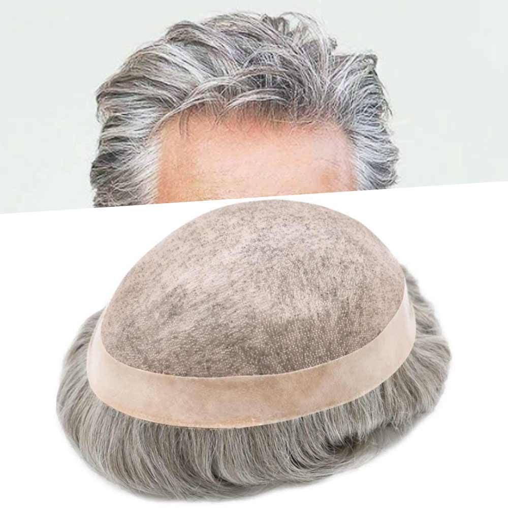 Generic Toupee For Men Hair System Real Human Hair Piece For Men Durable Fine Mono Mens Toupee Hair System For Men Natural Hairline8x10 Medium light density #380 3# DARK BROWN+80% GREY