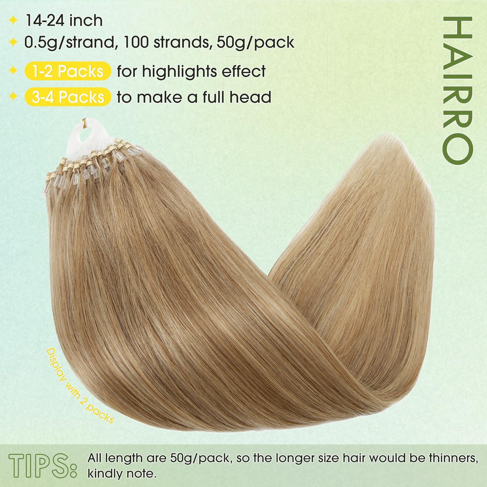 Hairro Hairro Micro Ring Hair Extensions Micro Link Human Hair Micro Beads Remy Hair Micro Loop Pre Bonded Cold Fusion I Tip Hairpiece For Women 14 inch 50g 100 Strands #12P613 Golden Brown Mix Bleach Blonde