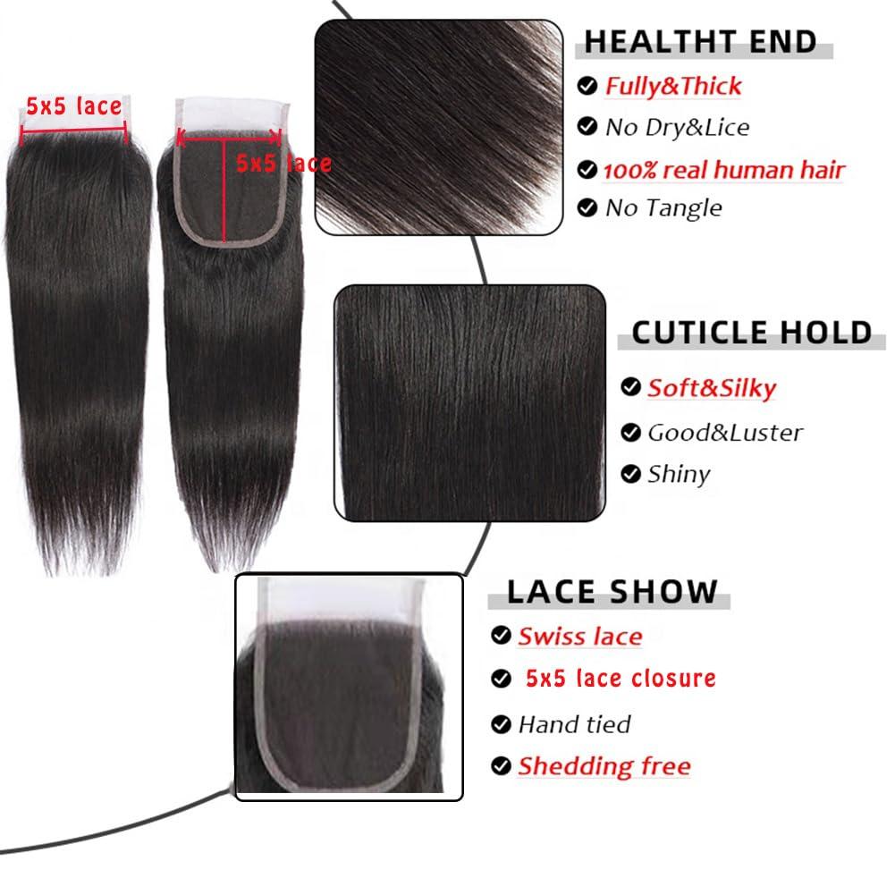 JTMMP JTMMP Human Hair Bundles with Lace Closure Straight Bundles Human Hair 24 22 20+18 inch 5x5 Lace Closure Straight Human Hair Bundles Deals Human Hair for Woman