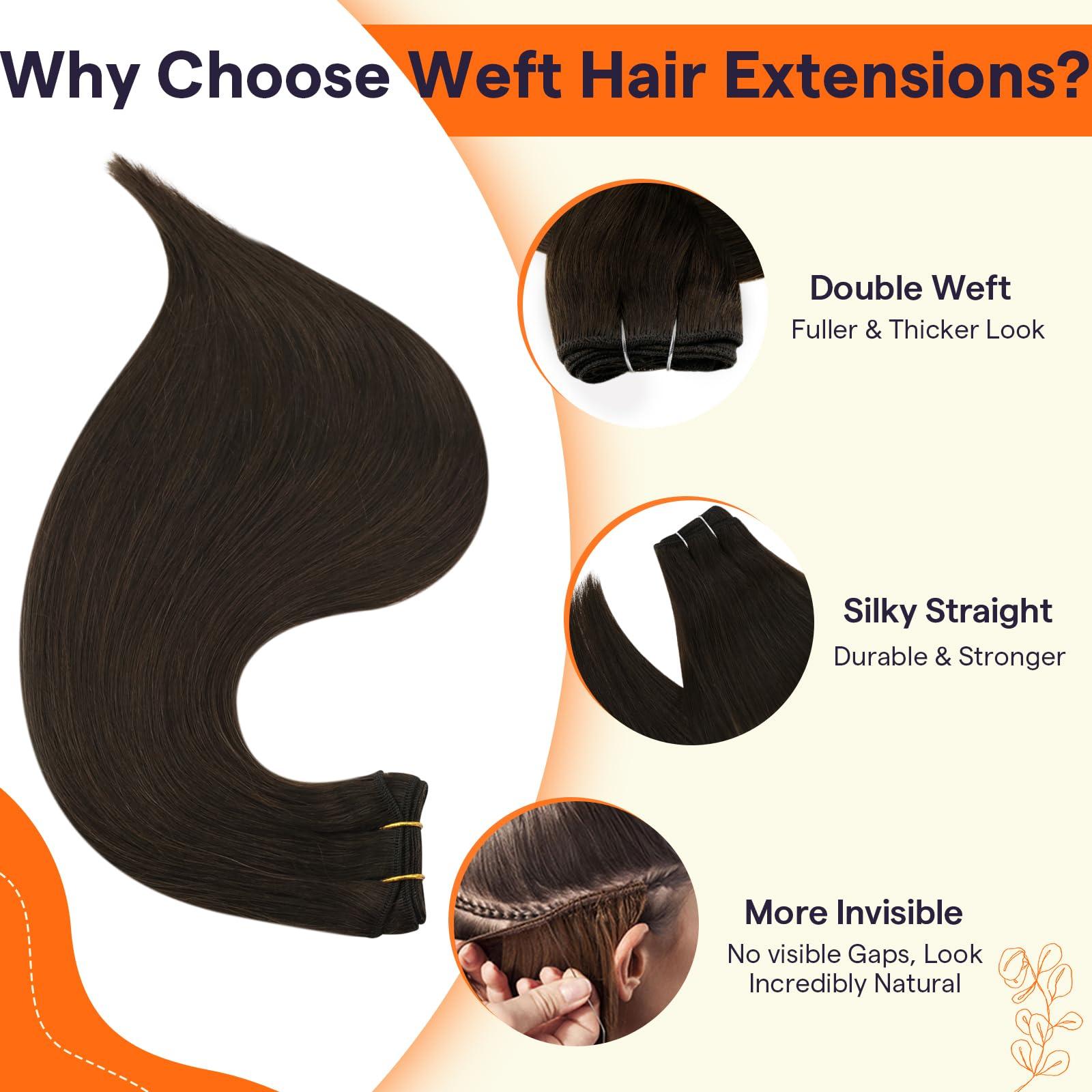 Full Shine Full Shine Weft Hair Extensions Human Hair Color Dark Brown Hair Extensions Remy Straight Hair Weft Extensions Sew In Human Hair For Women Invisible Hair Weft For Women 50G 10 Inch