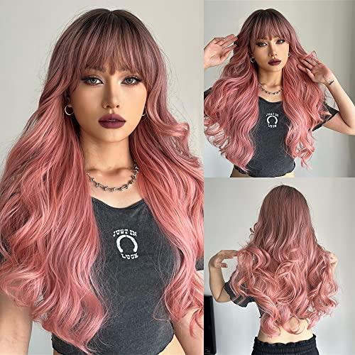 EMMOR EMMOR Long Ombre Pink Wig for Women - Natural Curly Hair Synthetic Wigs With Bang Dark Root, Party Cosplay Daily Use (2pcs Free Wig Cap)