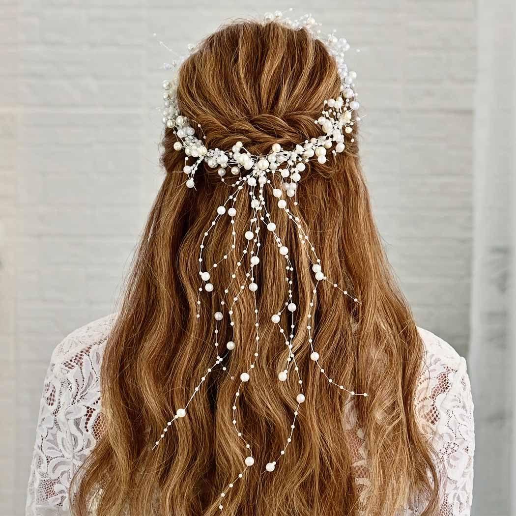 BARTOSI BARTOSI Pearl Bridal Headband Silver Pearl Tassel Wedding Hair Accessories Prom Headpiece for Women and Brides
