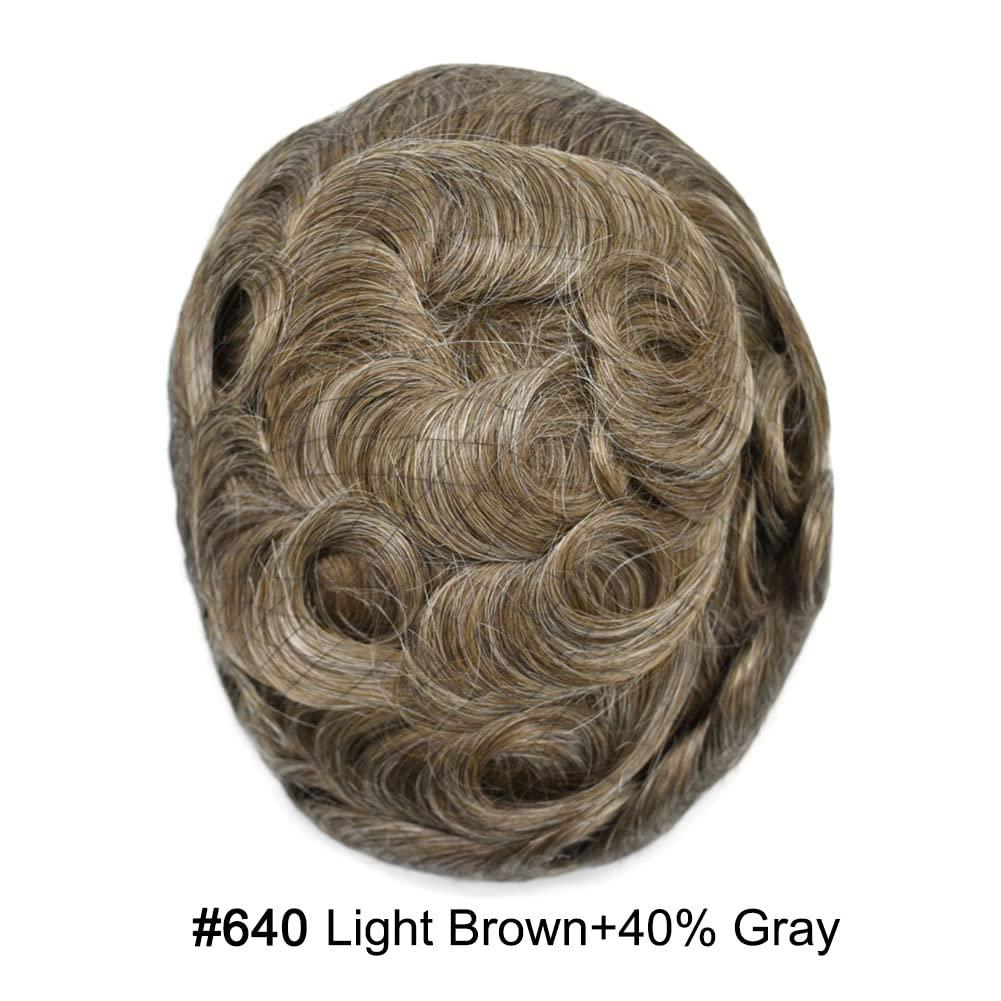 PUNRU HAIR PUNRU HAIR Full French Lace Human Hair System for Men Black Brown Blonde Hair Toupee for Mens Hair Replacement System Bleached Knots Hairpiece 8"X10" #640 Light Brown with 40% gray-100% density