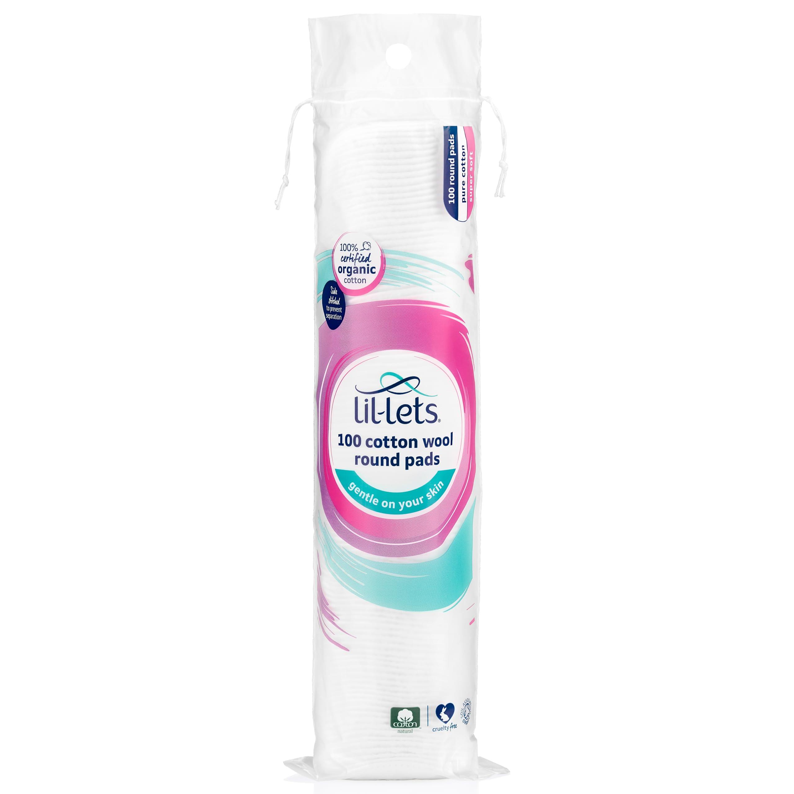 Lil-Lets Lil-Lets Cotton Wool Round Pads, Certified Organic, 100% Pure Cotton Wool, Soft and Absorbent, Gentle on Skin, Dermatologically Tested, Pack of 100 Pads