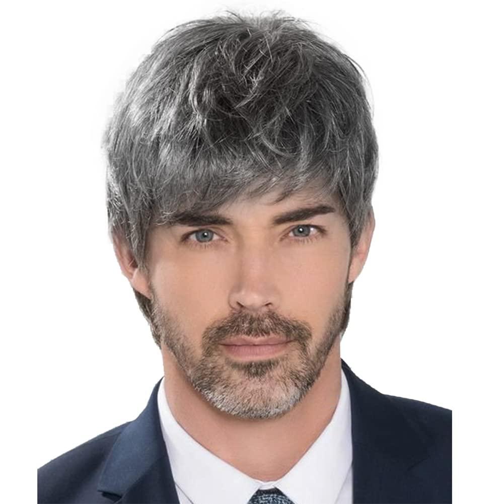DKE&YMQ DKE&YMQ Grey Wig for Men, Fluffy and Realistic Short Hair Old Man Wig Side Parting Gentleman Men's Natural Hair Suitable for Middle-Aged and Elderly People's Daily Party Wear Christmas Banquet