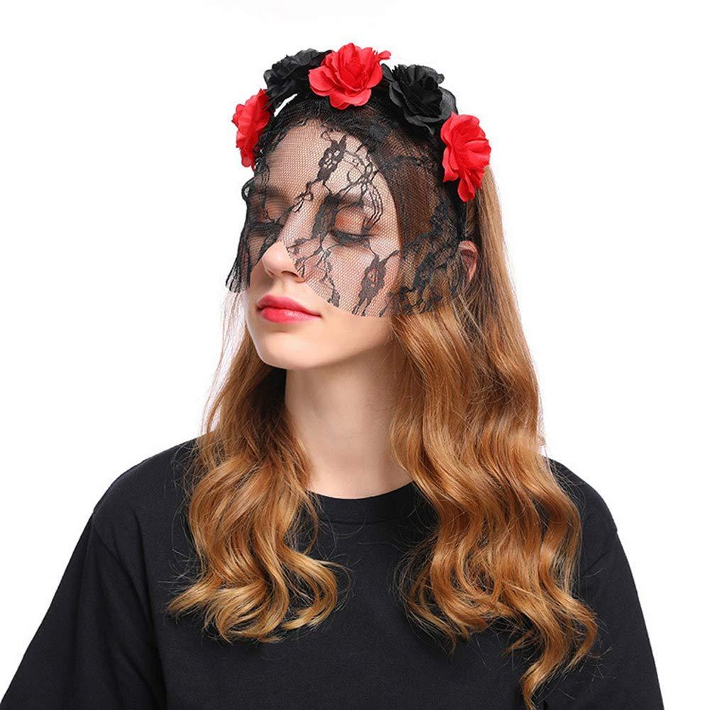 Ealafee Red Lace Headband Bunny Ear Hair Band for Wedding Cosplay Masquerade Party Masks