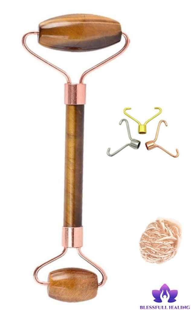 Blessfull Healing Blessfull Healing Tiger Eye Gua Sha SPA Jade Massage Roller Massager Eye Face Neck Facial Relaxation Slimming Tool with Rose Desert Selenite