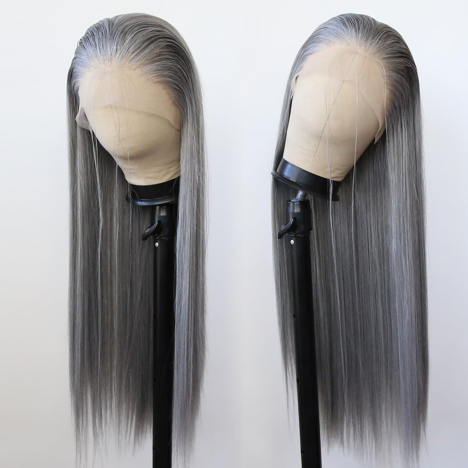 BTWTRY BTWTRY Gray Wig Long Straight Grandma Grey Synthetic Lace Front Wigs Pre Plucked Natural Hairline for Black Women Heat Resistant Fiber Hair Cosplay Daily Wear Wig (Grandma Grey)