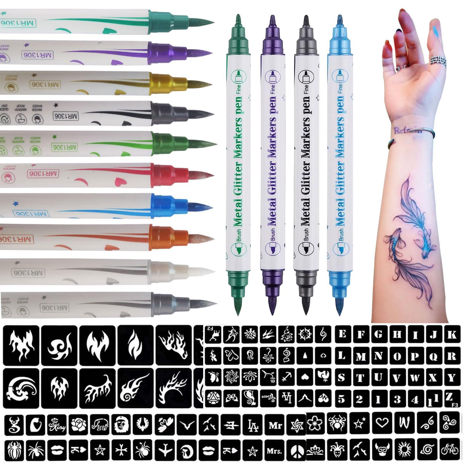 Betytattoo Betytattoo Temporary Tattoo Markers for Skin - Dual-End Tattoo Pens for Body & Face Art with 138 Tattoo Stencil Papers, 10 Pens Make Bold and Fine Lines, Cosmetic Quality(BETY2)