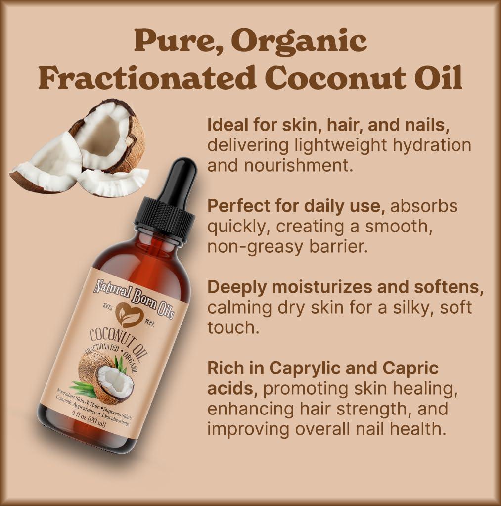 Natural Born Oils Coconut Oil Fractionated, 1 Gallon, Organic, Cold-Pressed, Carrier Oil, Fast-Absorbing, Deep Skin Care, Hair Health, Natural Born Oils.