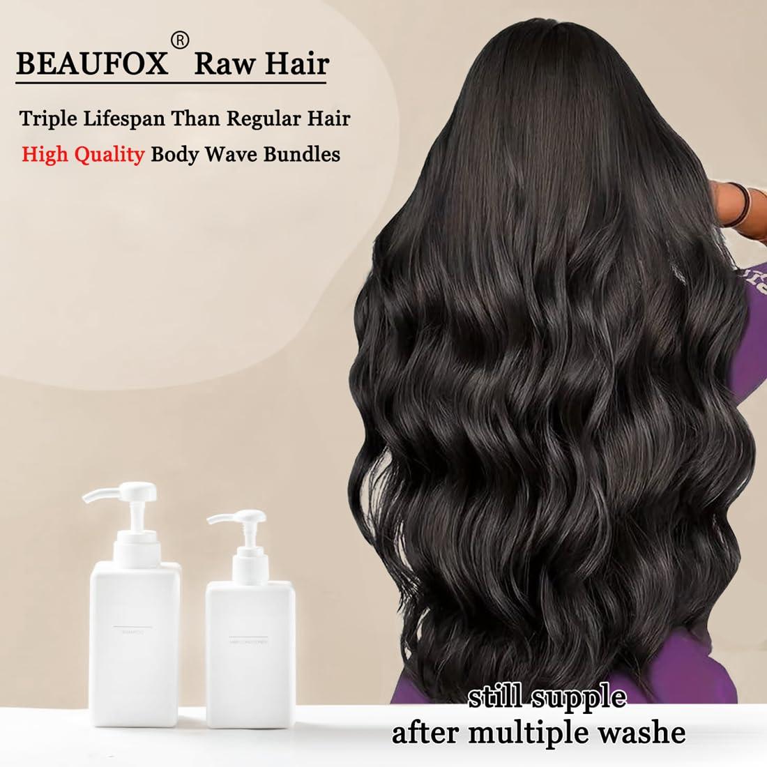 Beaufox Beaufox Hair 16A Body Wave Human Hair Bundles 22 24 26 Inch Raw Hair Body Wave Bundles 100% Unprocessed Brazilian Virgin Remy Hair Body Wave 3 Bundles Double Weft Quick Weave Bundles Natural Color