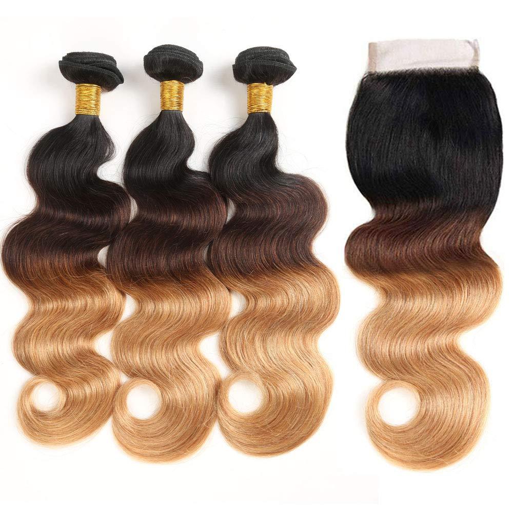 InsQueen Ombre Blond Bundles with Closure Brazilian Virgin Human Hair #1B/4/27 Body Wave Blond Human Hair Bundles with 4x4 Lace Closure Hair Extension (12 14 16+10 Inch)