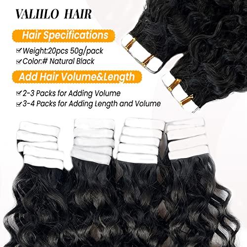 Valiilo Curly Tape ins Human Hair Extensions Water Wave Remy Hair Tape in Extensions Invisible Double Sided Skin Weft 20pieces 50gram Seamless Natural Black Wavy Tape for Hair Extensions 14 Inch