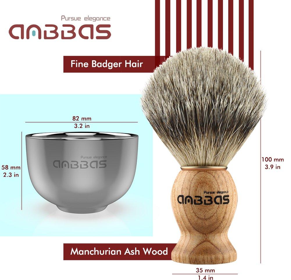 Anbbas Shaving Set, Anbbas 4in1 Pure Badger Hair Shaving Brush Solid Manchurian Ash Wood Handle,Black Broken-Resistant Acrylic Shaving Stand,Stainless Steel Shaving Bowl Dia 3.2 inch and Goat Milk Soap 100g