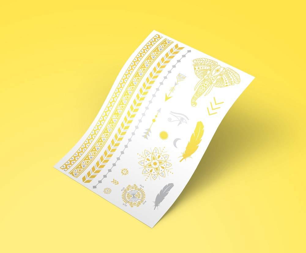 Tatsy Temporary Tattoo Set By Tatsy, The Festival Set, Shiny Glitter Gold, For Women and Men, Original, Unique Design, Cover Up, Fancy Patterns, Waterproof Tattoos, Elephant, Arrows