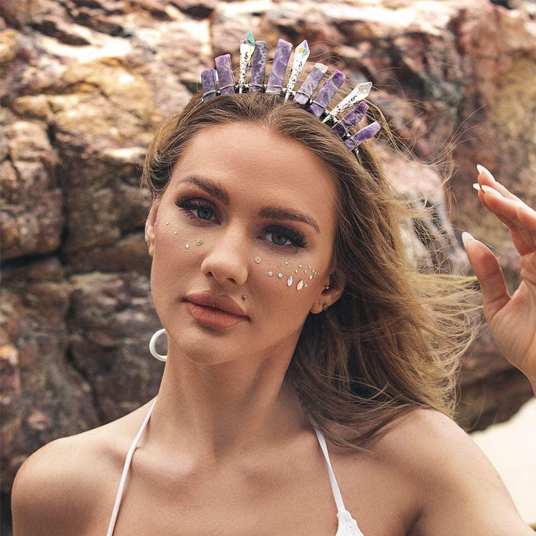 Formery Formery Purple Raw Crystal Crown Silver Amethyst Pendulum Quartz Headband Handmade Natural Stone Headpiece Hair Accessories for Women