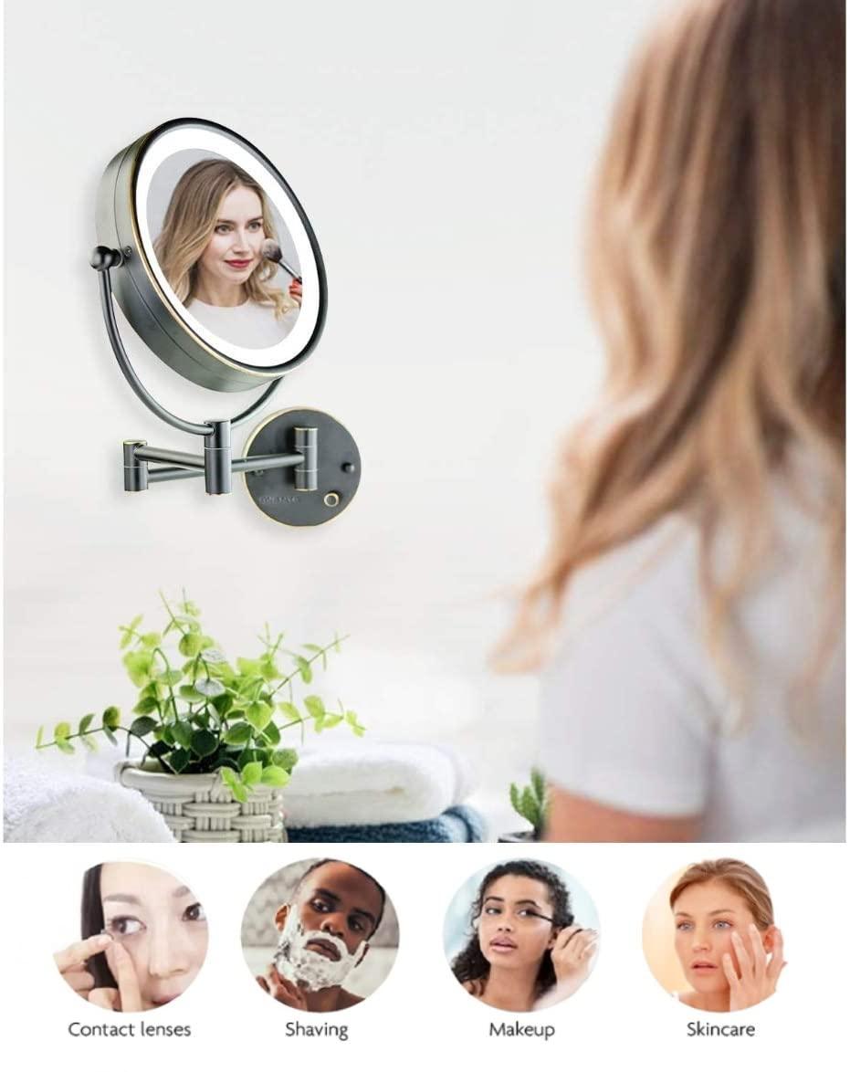 OVENTE OVENTE 9\" Lighted Wall Mount Makeup Mirror with 1X/7X Magnification, Double Sided Magnifying Vanity Mirror, LED Glow Light, 360 Swivel Design, Extendable & Folding Arm, Rubbed Bronze MPWD3185BZ1X7X
