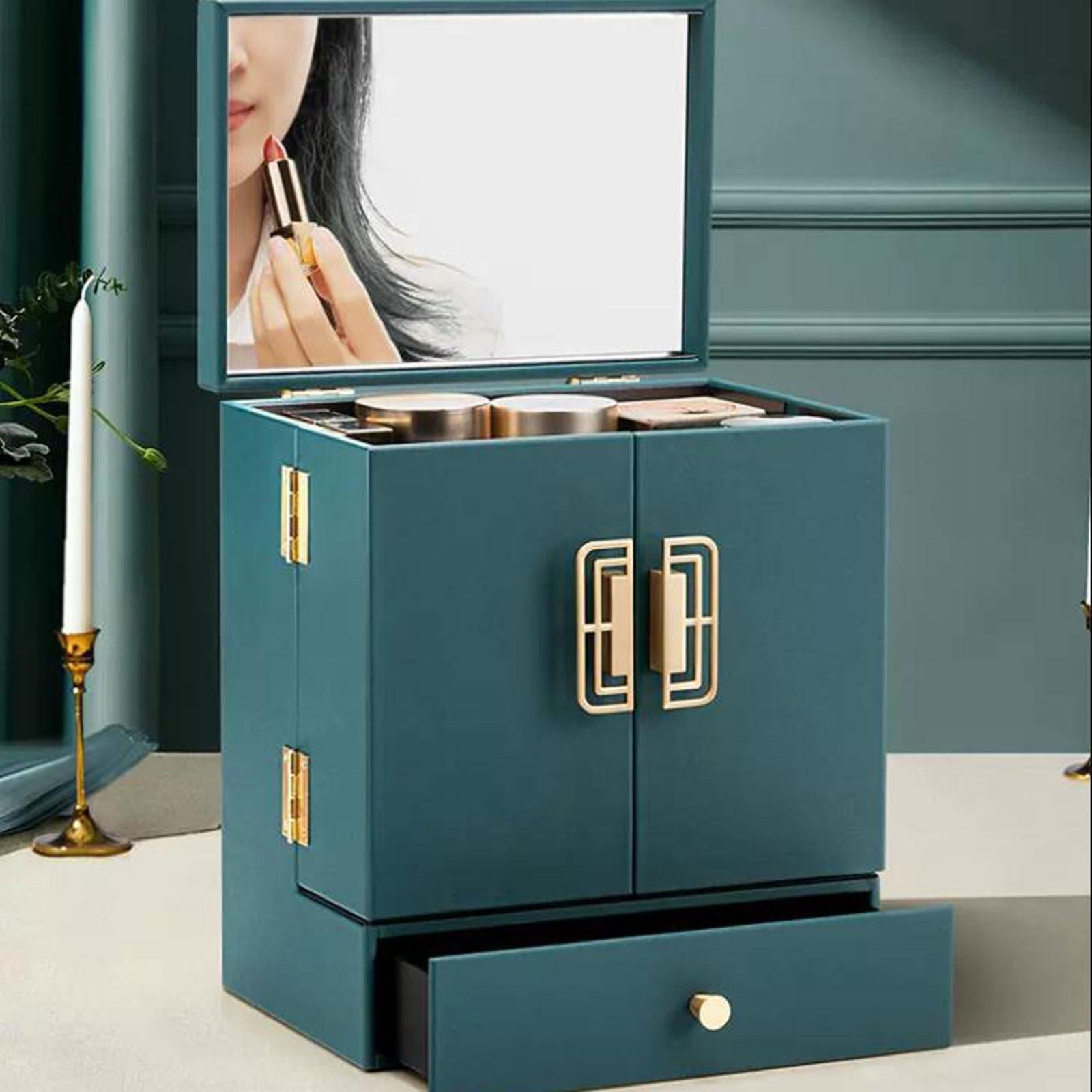 CLoxks makeup organizer Luxury Makeup Organiser Storage Box Cabinet with Mirror and Drawer, Cosmetic Organizer MDF, Skincare Organizer Beauty Caddy Storage Box for Dresser & Bathroom, Dust-Proof Waterproof c