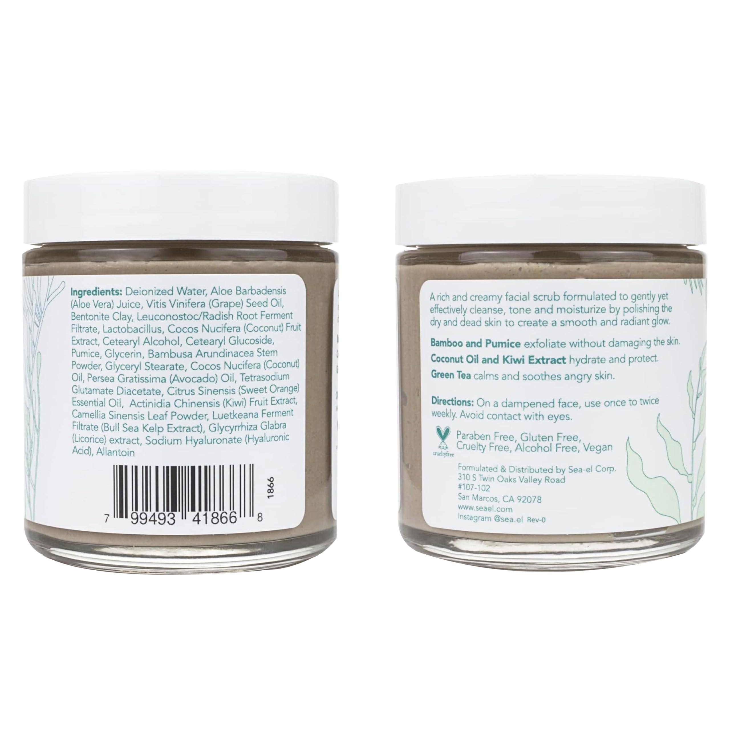 Sea-El Sea El Coconut Kiwi Exfoliating Face Scrub Hydrating Calming & Purifying Anti Aging Exfoliator - Bamboo Pumice & Green Tea Detoxifying Exfoliant Facial Cleanser & Polish for Women & Men - 4 Oz