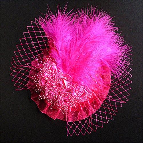 Aimeely Aimeely Lovely Flower Beaded Wedding Hat Veil Girls Lady Feather Hair Accessory Rosy Red