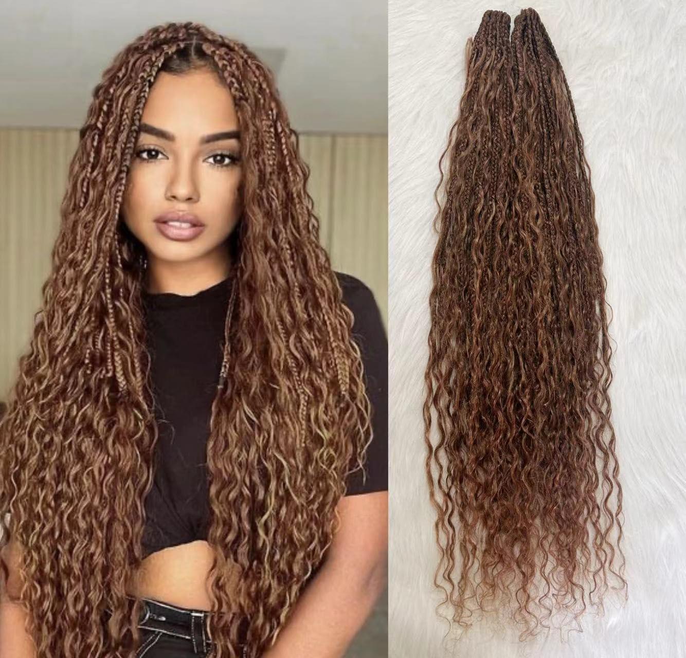 Francesca Hair Goddess Box Braiding Crochet Hair Pre-looped Synthetic Crochet Hair with Human Hair Curly Ends Hair Extensions #30 Auburn Color for Women 18 inch 2pack/80strands
