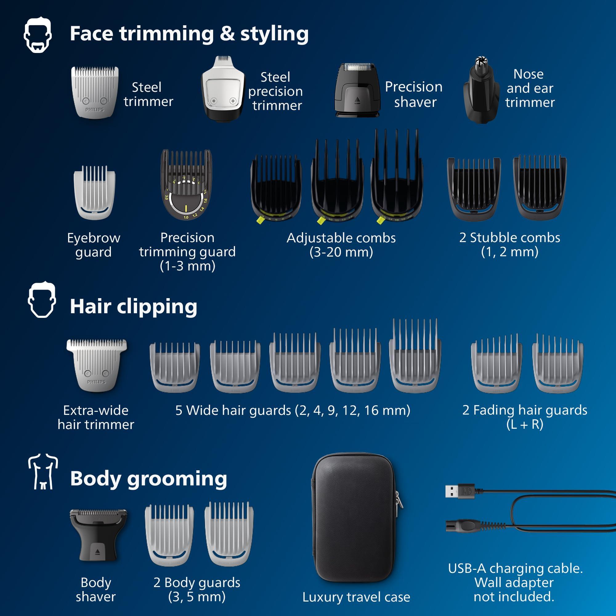 Norelco Philips Norelco Multigroom 9000 Series, All-in-One Trimmer, Beard Trimmer and Hair Clipper, 25-Piece/27-Length Men\'s Grooming Kit for Beard, Face, Nose, Ear and Body, Travel Kit, MG9522/50