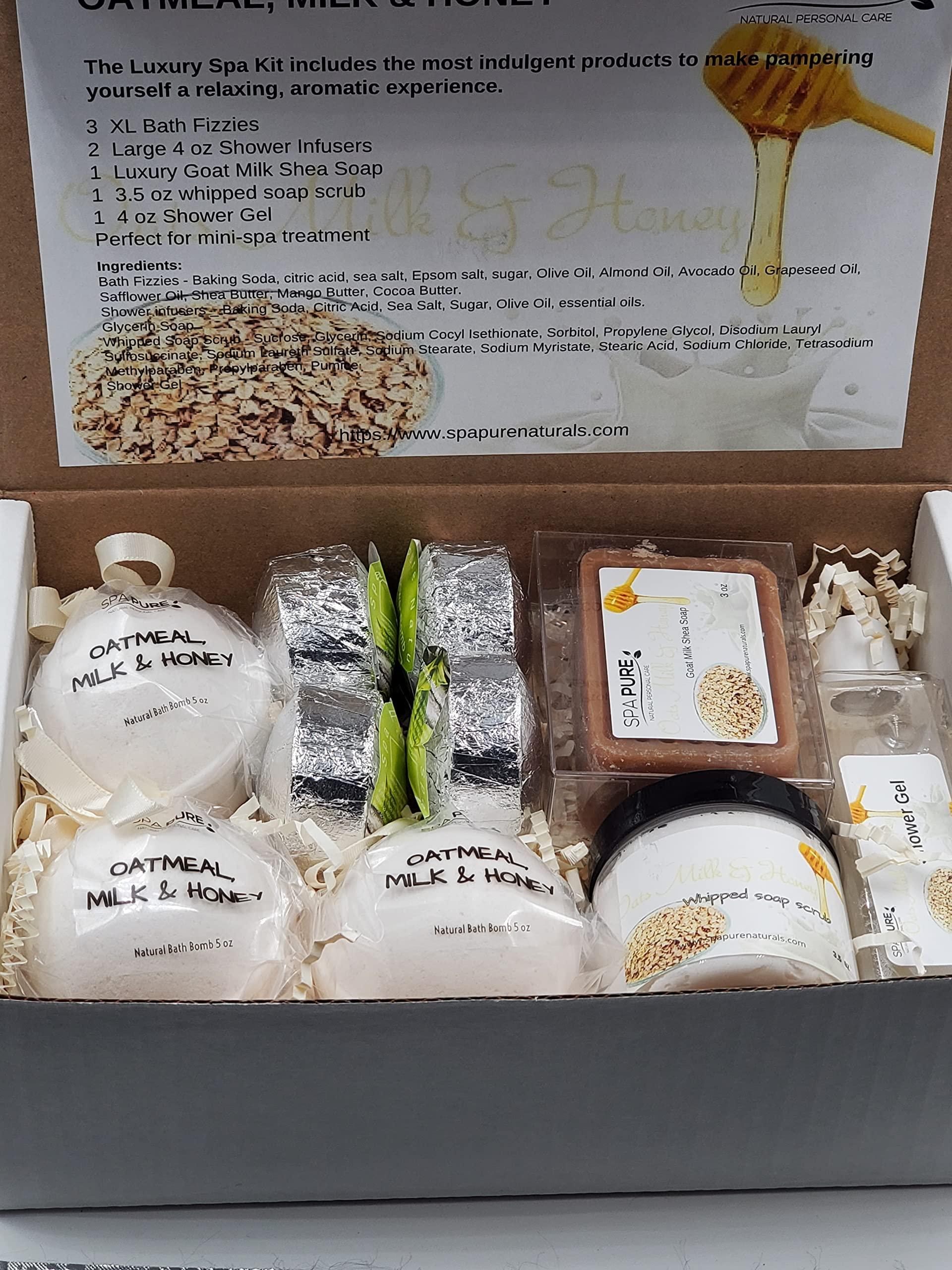 Spa Pure Spa Pure Luxury Spa Kit - 3 XL Bath Fizzies, 2 XL Shower Steamers, 3.5 oz Whipped Soap Scrub, Goat Milk Soap, Shower Gel (Oatmeal Milk & Honey)