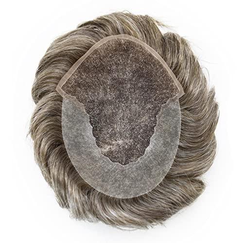 NinthAvenue Basics Toupee for Men Hair Piece - French Lace Human Hair Replacement System, Front Bleached Knot (8x10 Medium Light Density #550 5# Medium Light Brown+50% Grey)