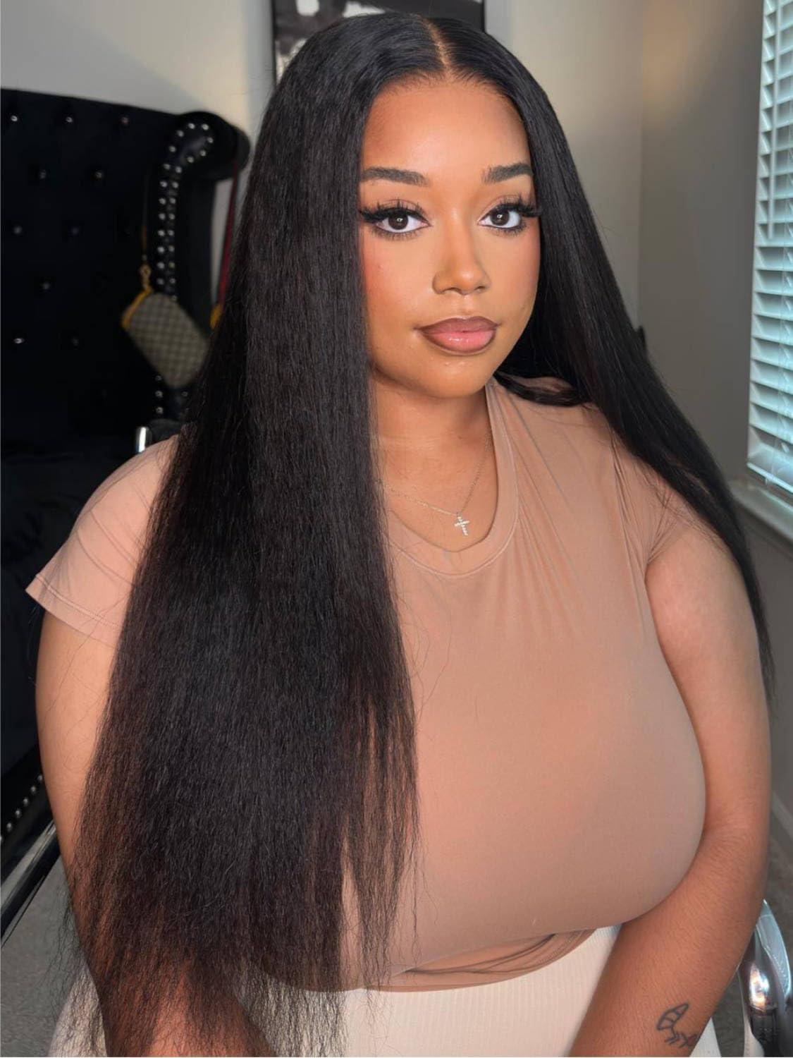 Beauty Forever Beauty Forever 5x5 Thin HD BlendAway Lace Closure Glueless Human Hair Wigs Yaki Straight with Bye Bye Knots Pre Cut Pre Plucked Front Wig Bleached Knots Match All Skin Tones 180% Density 22inch