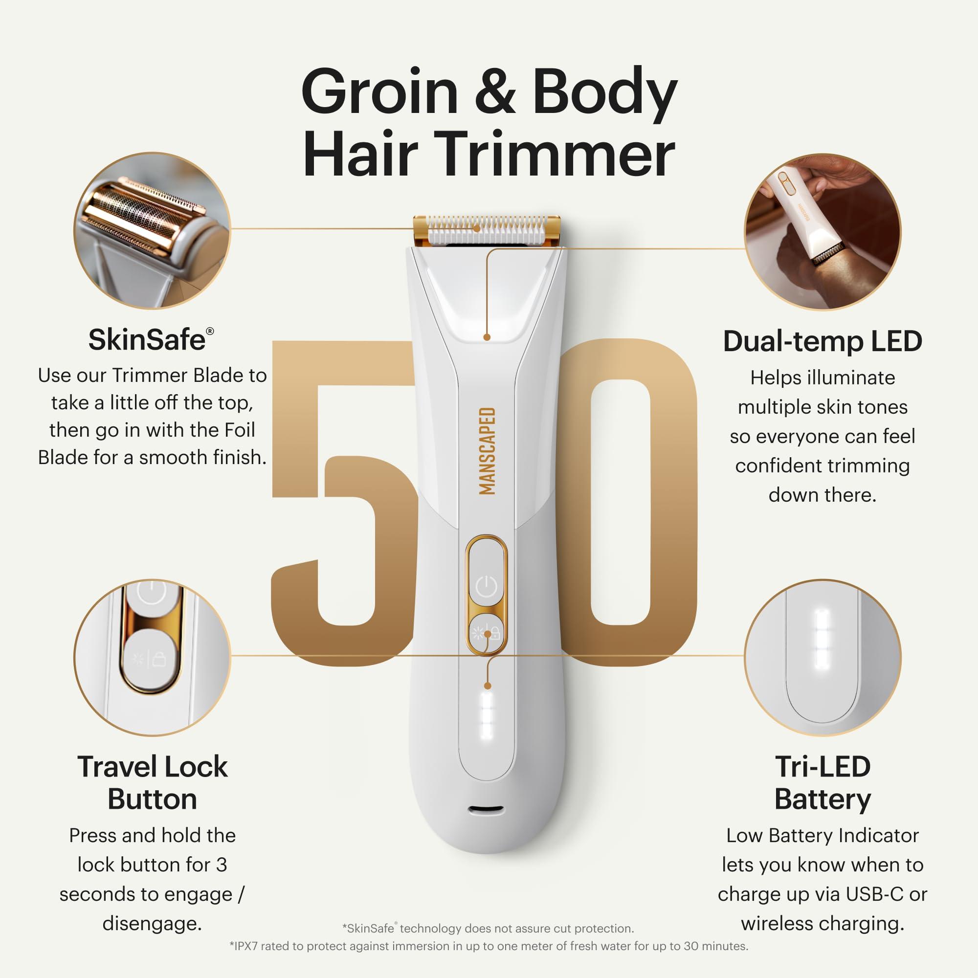 MANSCAPED MANSCAPED The Lawn Mower 5.0 Ultra Men\'s & Women\'s Groin & Body Hair Trimmer Dual-Head SkinSafe Trimmer & Foil Blades, Waterproof Wet/Dry Groomer, USB-C Rechargeable with Travel Case, White