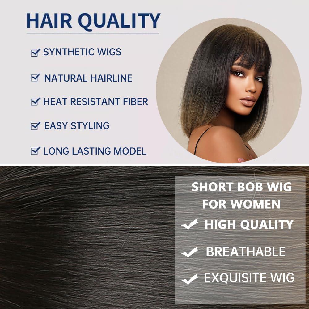 Wvapzxx Wvapzxx Short Straight Black Brown Ombre Synthetic Wigs Bob Hair With Bangs For Women Natural Party Cosplay Wig Heat Resistant Fibre