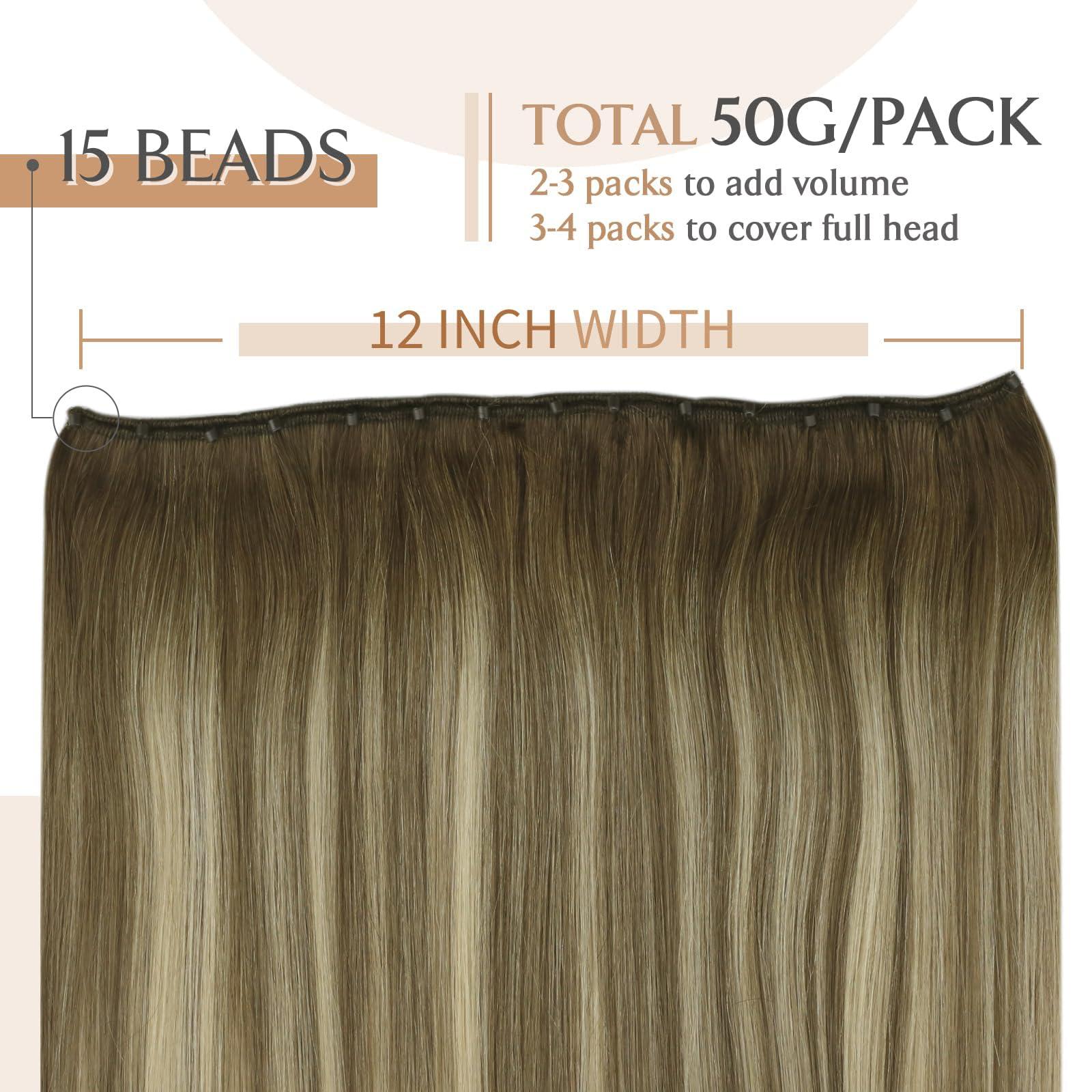 Sunny Hair Sunny Hair Beaded Weft Hair Extensions Human Hair 50G Micro Bead Hair Extensions Real Human Hair Vigorous Weft Hair Extensions with Micro Beads Cool Brown Balayage Light Brown to Blonde 16 inch