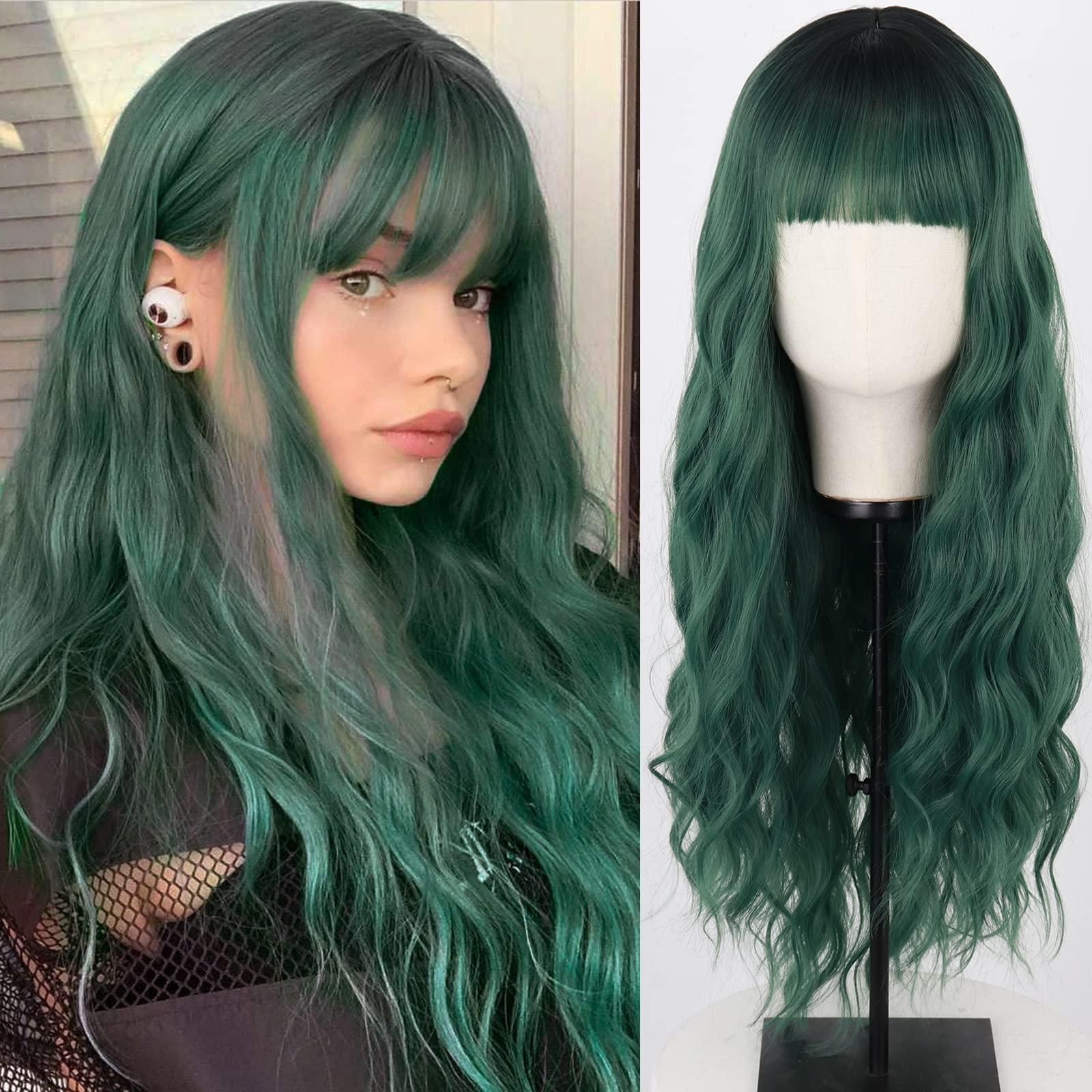 MERISIHAIR MERISIHAIR Long Dark Green Wig with Bangs,Ombre Curly Green Wig for Women,Long Dark Green Cosplay Wig Synthetic Natural Looking for Daily and Party