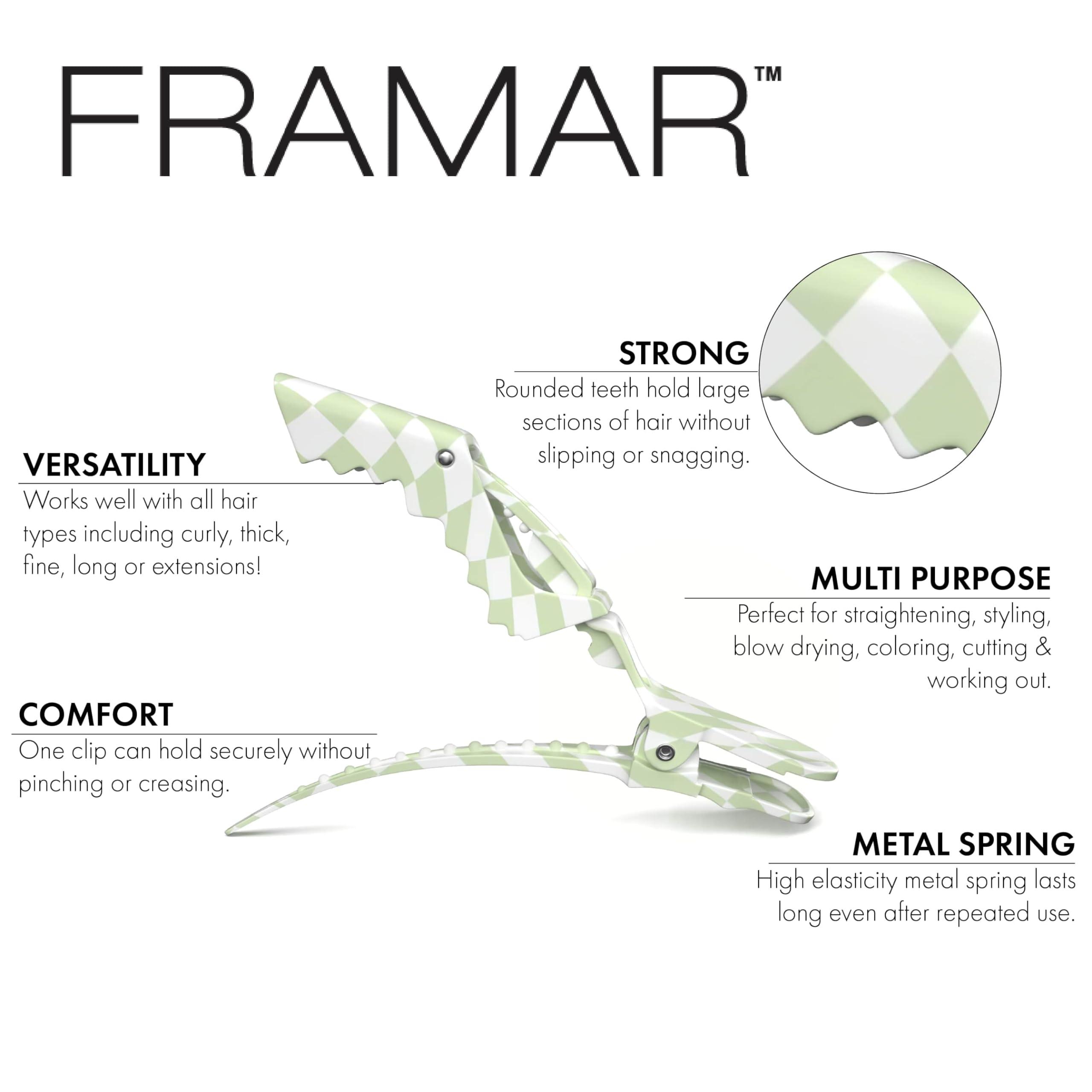 FRAMAR FRAMAR Checkered Hair Clip Set - Alligator Clips For Hair Styling, Hair Styling Clips Sectioning, Barber Hair Clips, Barber Supplies, Green Hair Clips For Women Styling, Salon Hair Clips 4 Pack