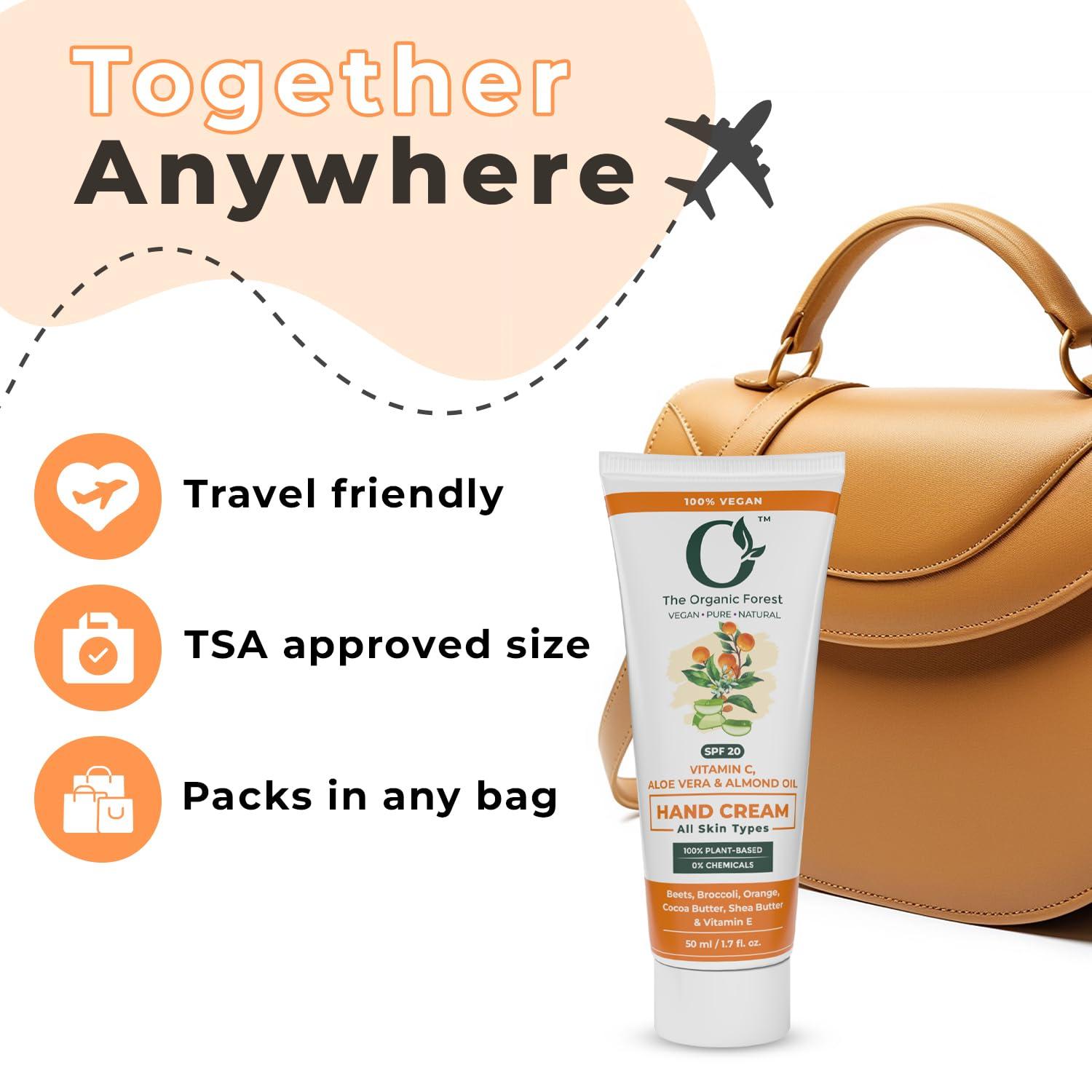 The Organic Forest  VEGAN . PURE . NATURAL Plant Based Vitamin C Hand Cream with Sun Protection SPF | Shea Butter, Cocoa Butter, Almond Oil, Coconut Oil & Aloe Vera - For Wrinkle Reduction, Aging Hands & Dark Spots | Travel Size |