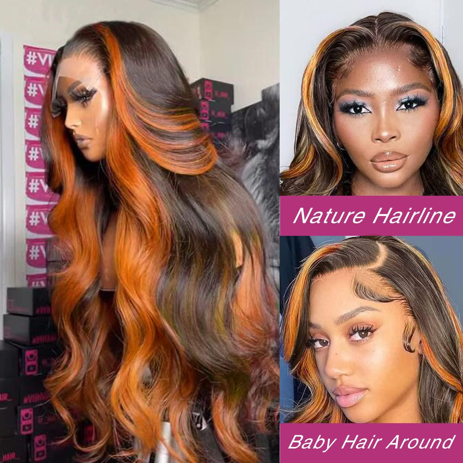 Goldfinch Ginger Ombre 13x4 HD Lace Frontal Wigs Highlight Skunk Stripe Body Wave Wigs Chocolate Brown Lace Front Wig 100% Brazilian Human Hair Wig 150% Density Pre Plucked With Baby Hair Wigs 20 Inch