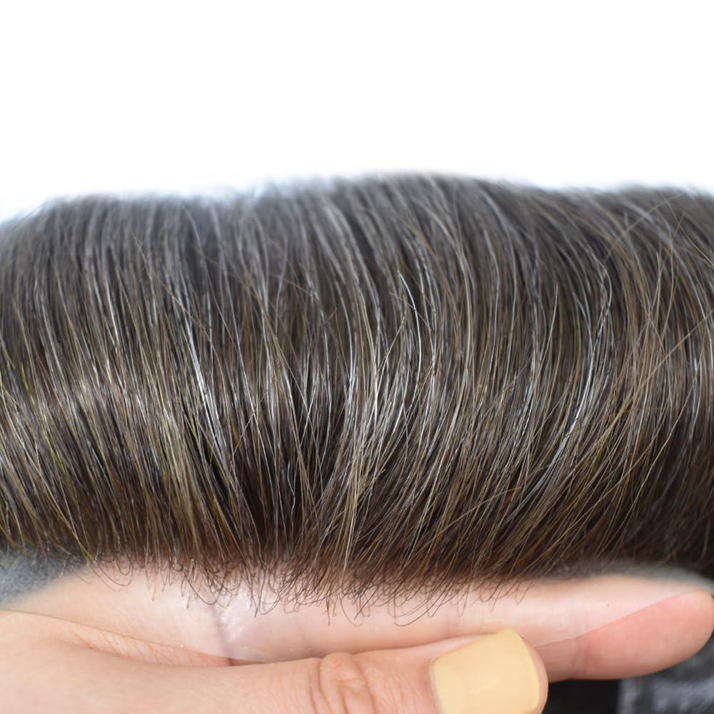 DR Hair Men Hair System Swiss Lace Mens Toupee Real Human Hair Piece For Men Hair Replacement System For Men Toupee For Men Hair Piece For Men 8x10 Medium light density #330 3# DARK BROWN+30% GREY