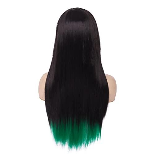 Baruisi Baruisi Long Straight Black Green Wig Silky Synthetic Heat Resistant Side Bangs Halloween Costume Hair Wigs for Women Girls