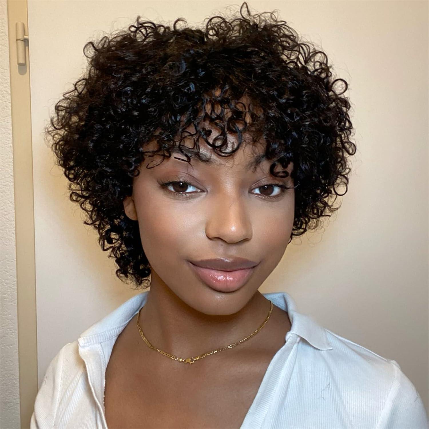 Afinska Afinska Kinky Curly Human Hair Wig Pixie Bob Cut Wig With Bangs Short Pixie Human Hair Wig Curly Pixie Cut Wig Human Hair Natural Black Brazilian Glueless Short Wig Bob Wigs Human Hair