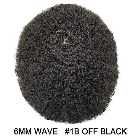 CURVE HAIR Afro Kinky Curly Hair Units For Black Men Toupee Soft Brazilian Human Hair Unit For Men Afro Wave Hair Replacement Systems Natural Looking Afro Toupee For Men (6mm wave, 1B OFF BLACK)