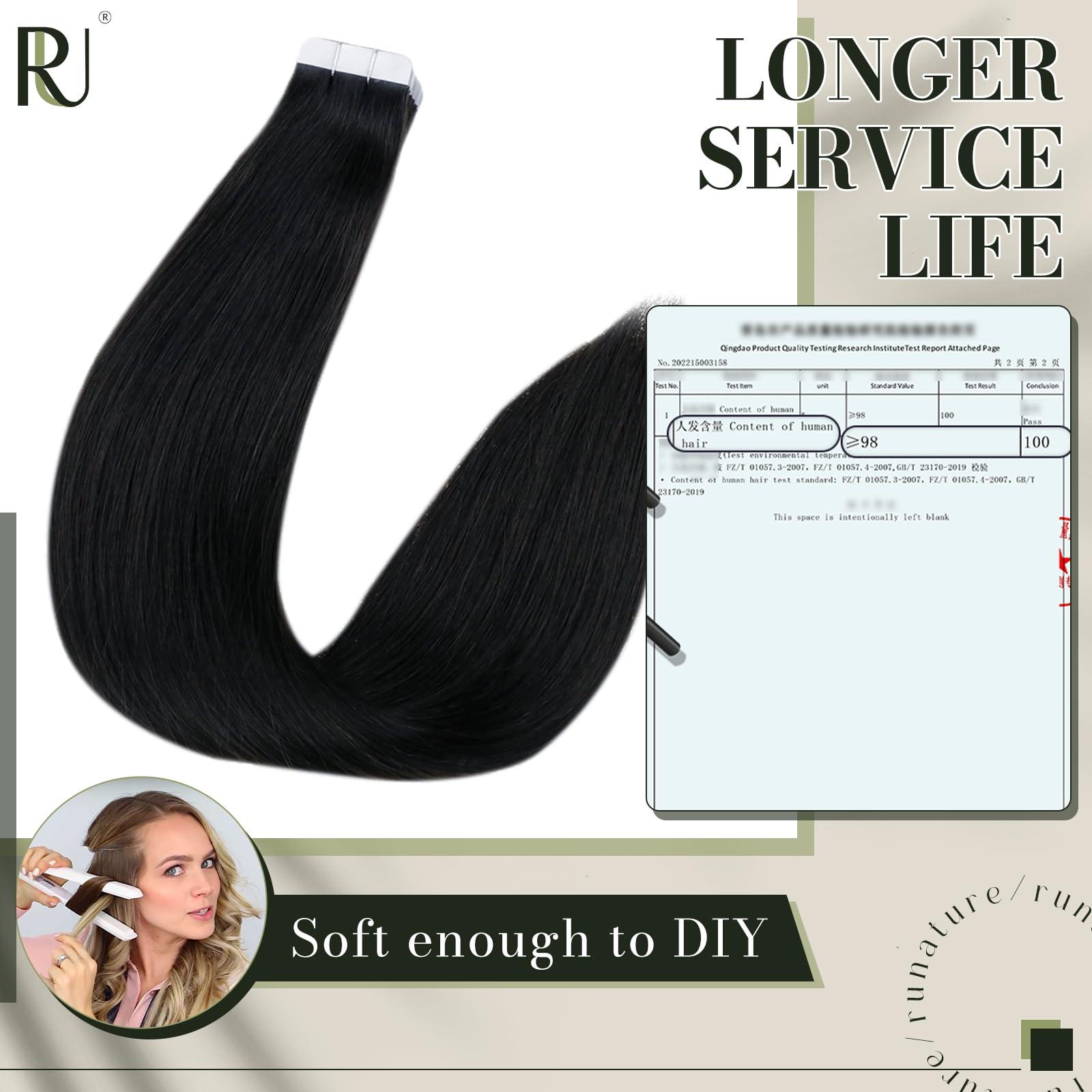 RUNATURE RUNATURE 26 Inch Tape ins Human Hair Extensions Jet Black Real Hair Tape in Extensions Human Hair Long Tape in Hair Extensions Full Ends Straight Glue in Hair Extensions Silky 50 Gram 20 Pieces