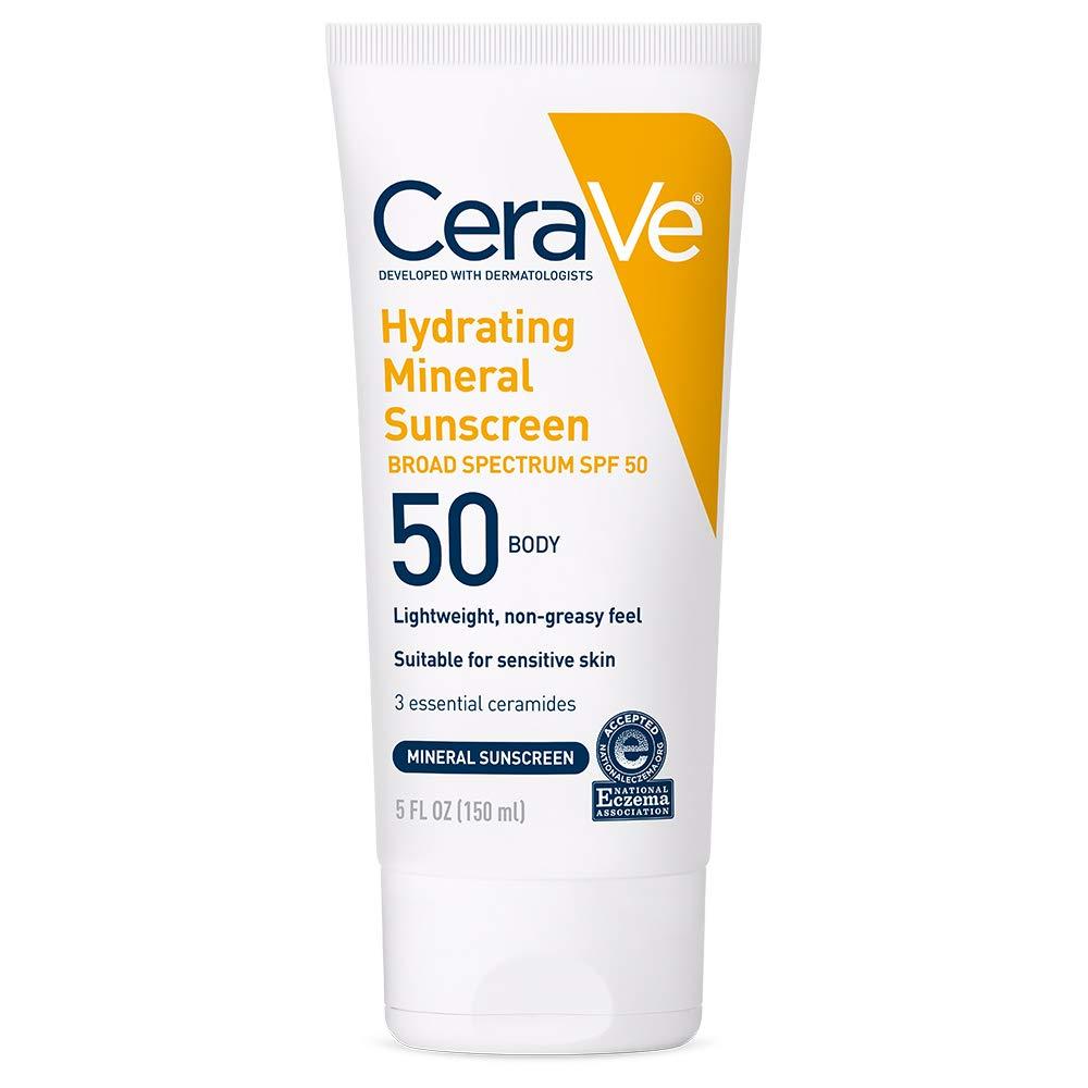 CeraVe CeraVe 100% Mineral Sunscreen SPF 50 with Zinc Oxide & Titanium Dioxide, Hyaluronic Acid & Ceramides, Oil Free & Non-Greasy, Hydrating Mineral Sunscreen For Body, 5 oz