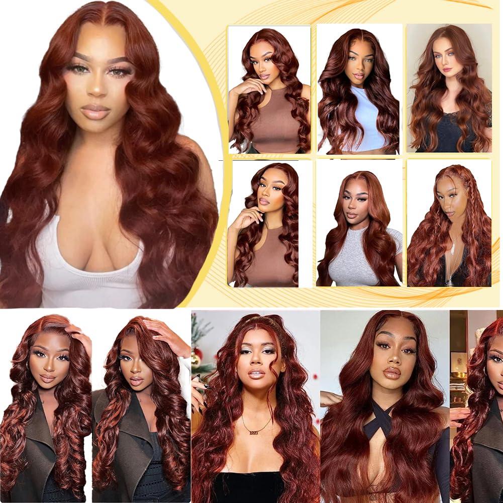 Kiss darling LASHES Body Wave on Hair Extensions Real Human Hair #33 Dark Auburn Human HairExtensions Long Wavy Invisible Double Sided Reusable PU Skin Weft 100g/40pcs Full Head 26inch