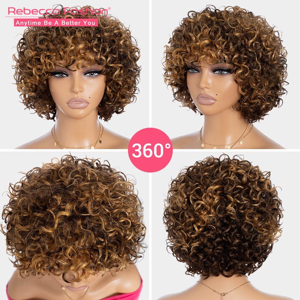 Rebecca Fashion Rebecca Fashion 8\" Highlight Brown Curly Wigs for Black Women Human Hair Short Curly Wigs with Bangs 10A Brazilian Virgin Human Hair 150% Density Wear and Go Glueless Wigs
