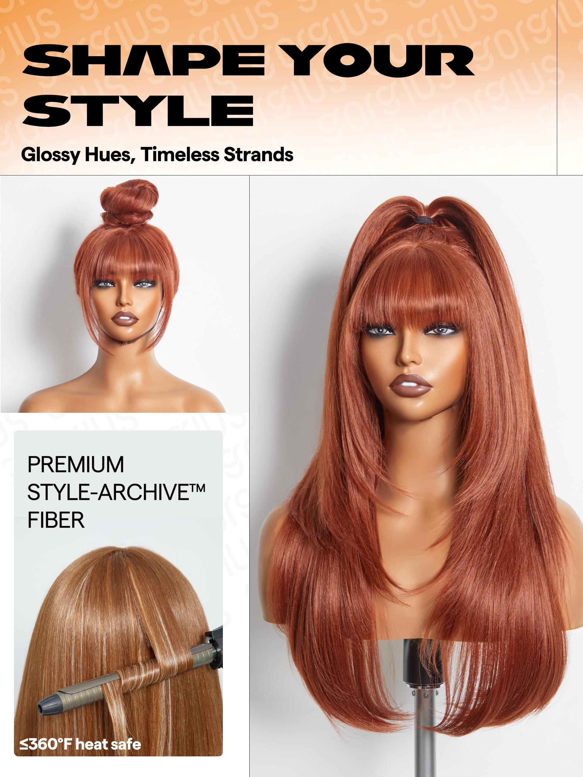 GORGIUS GORGIUS Copper Red Wig with Bangs 24 Inch Long Straight Layered Wig Glueless Curtain Bang Wig with Realistic Lace Scalp Put On & Go Bangs Wig For Beginner