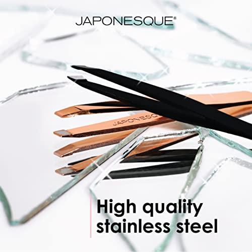 JAPONESQUE JAPONESQUE Pointed-Slant & Slant Tweezers, 2 Pack for Eyebrow Grooming, Facial Hair Removal, Rose Gold and Black, Stainless Steel