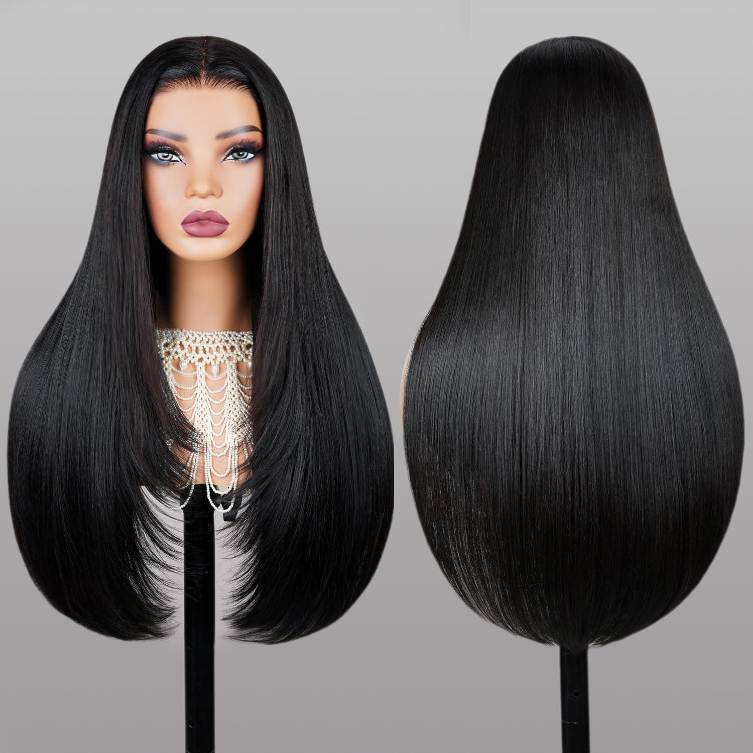TESLAL TESLAL Blend Wigs Human Hair Glueless Wear and Go Glueless Wigs Human Hair Pre Plucked Pre Cut Layered Wig Straight 6X6 Synthetic and Human Hair Blend Wig 22Inch Black Color 260% Density