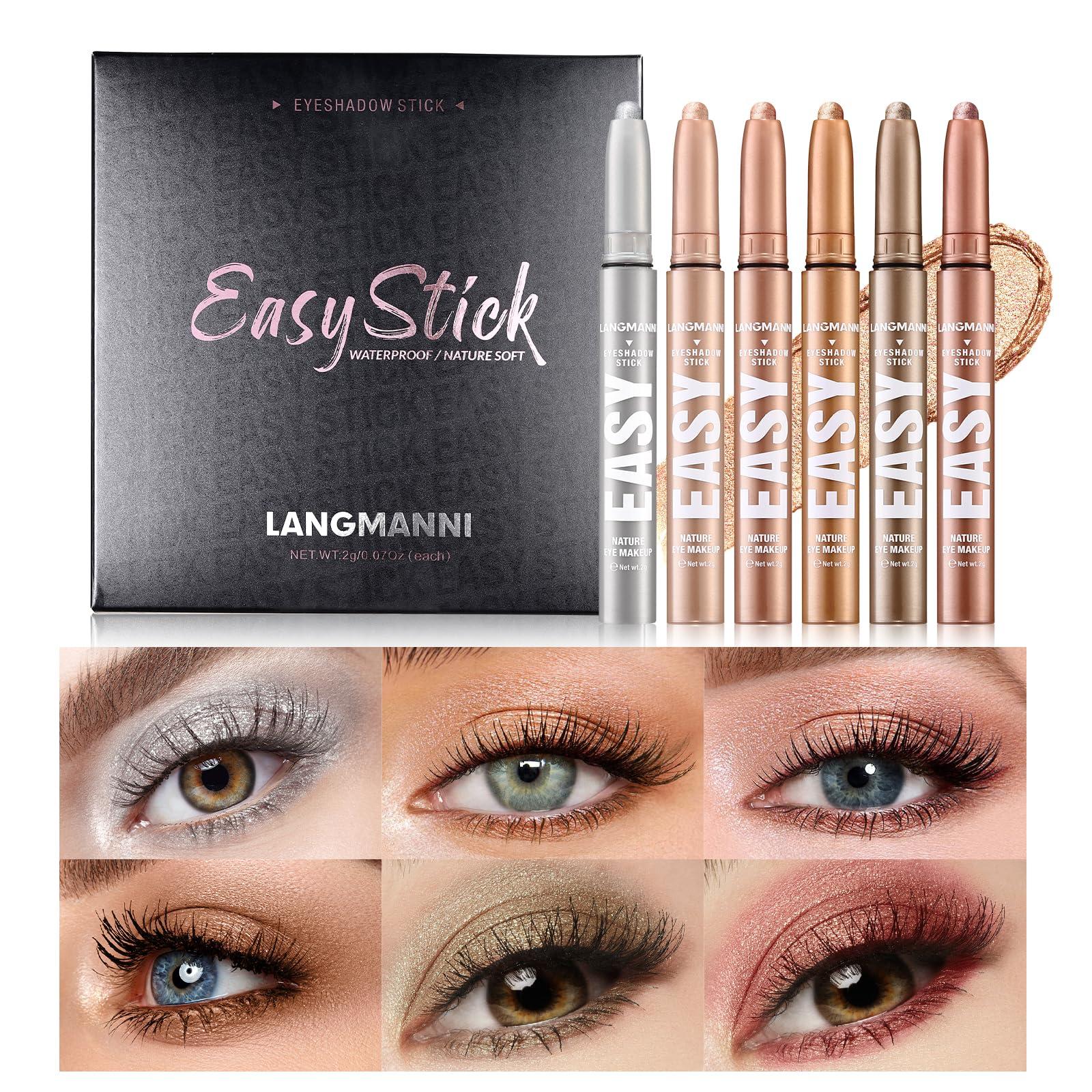 LANGMANNI LANGMANNI Eyeshadow Stick, 6 PCS Waterproof Multi-Color Eyeshadow Pen Set, Creamy Long-Lasting Eye Makeup Kit, Natural & Shimmer Shades Contour Stick, Perfect Gifts For Women (#B)